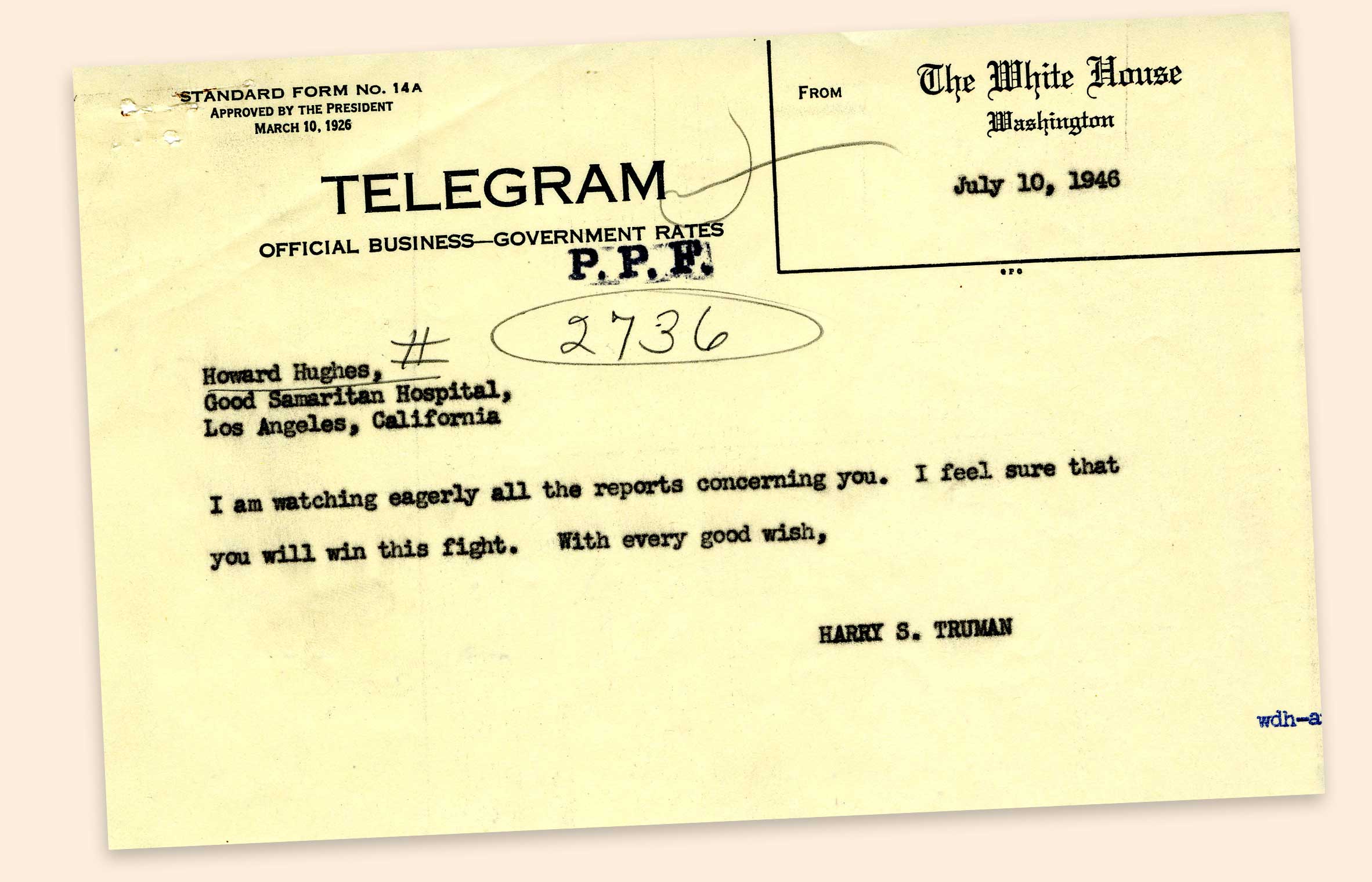 Telegram from Harry S. Truman to Howard Hughes after Plane Crash
